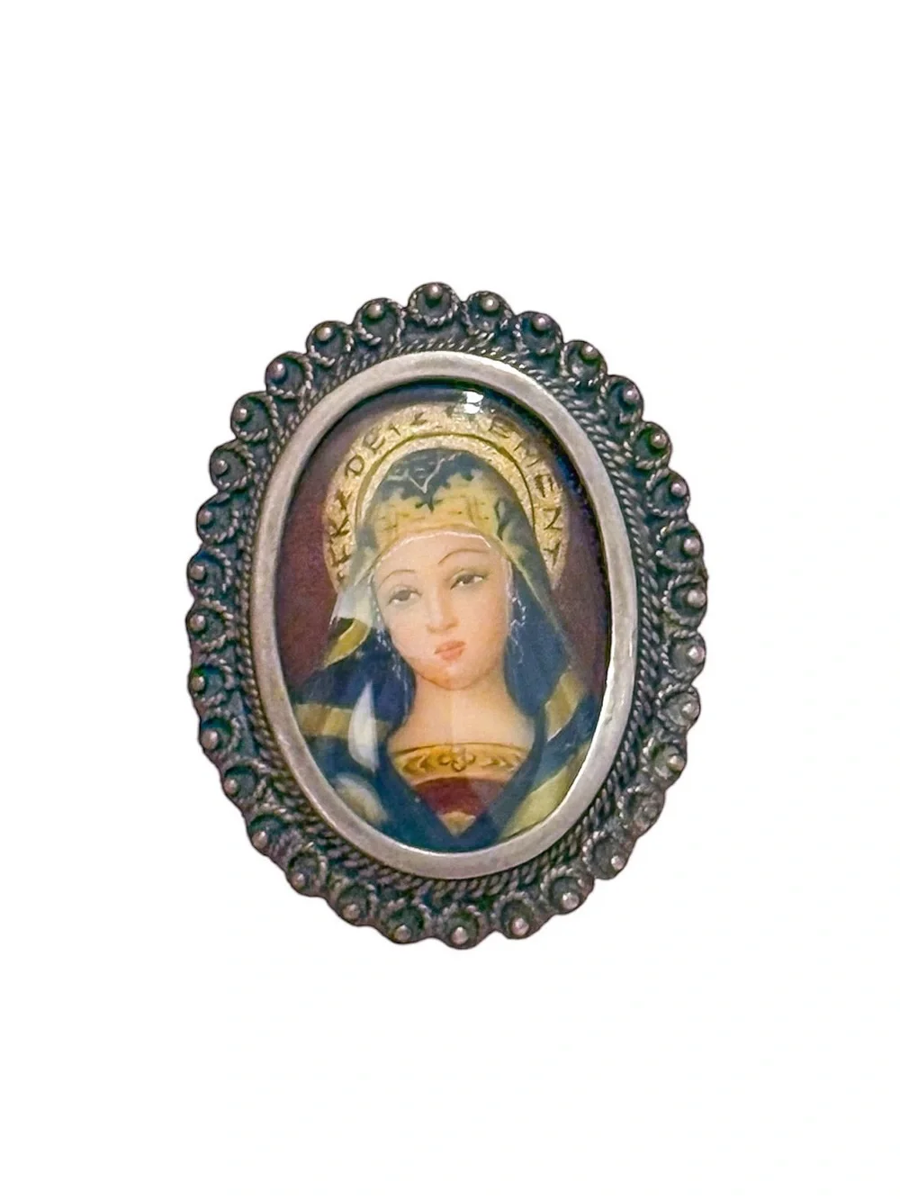 Vintage Filigree Silver 800 Framed Saint Portrait Brooch/Pin